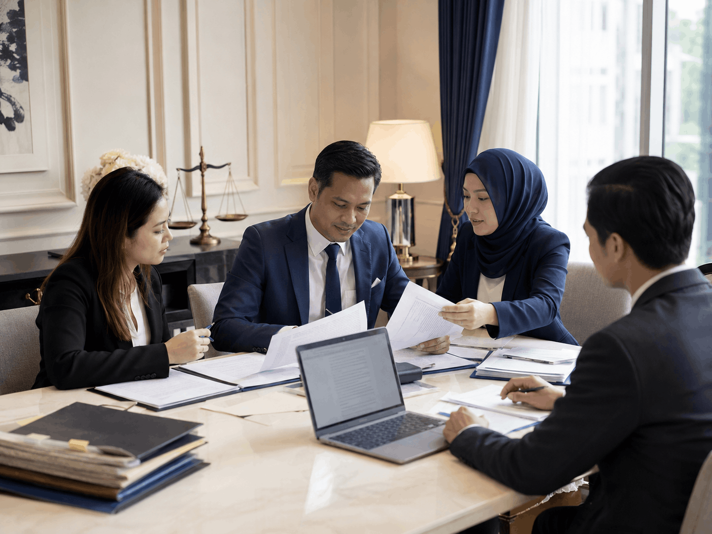Legal professionals reviewing contracts and case documents
