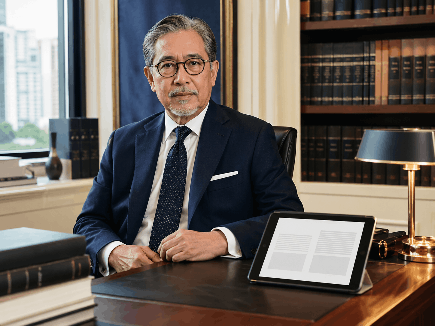 Senior legal counsel reviewing documents in a refined Kuala Lumpur office