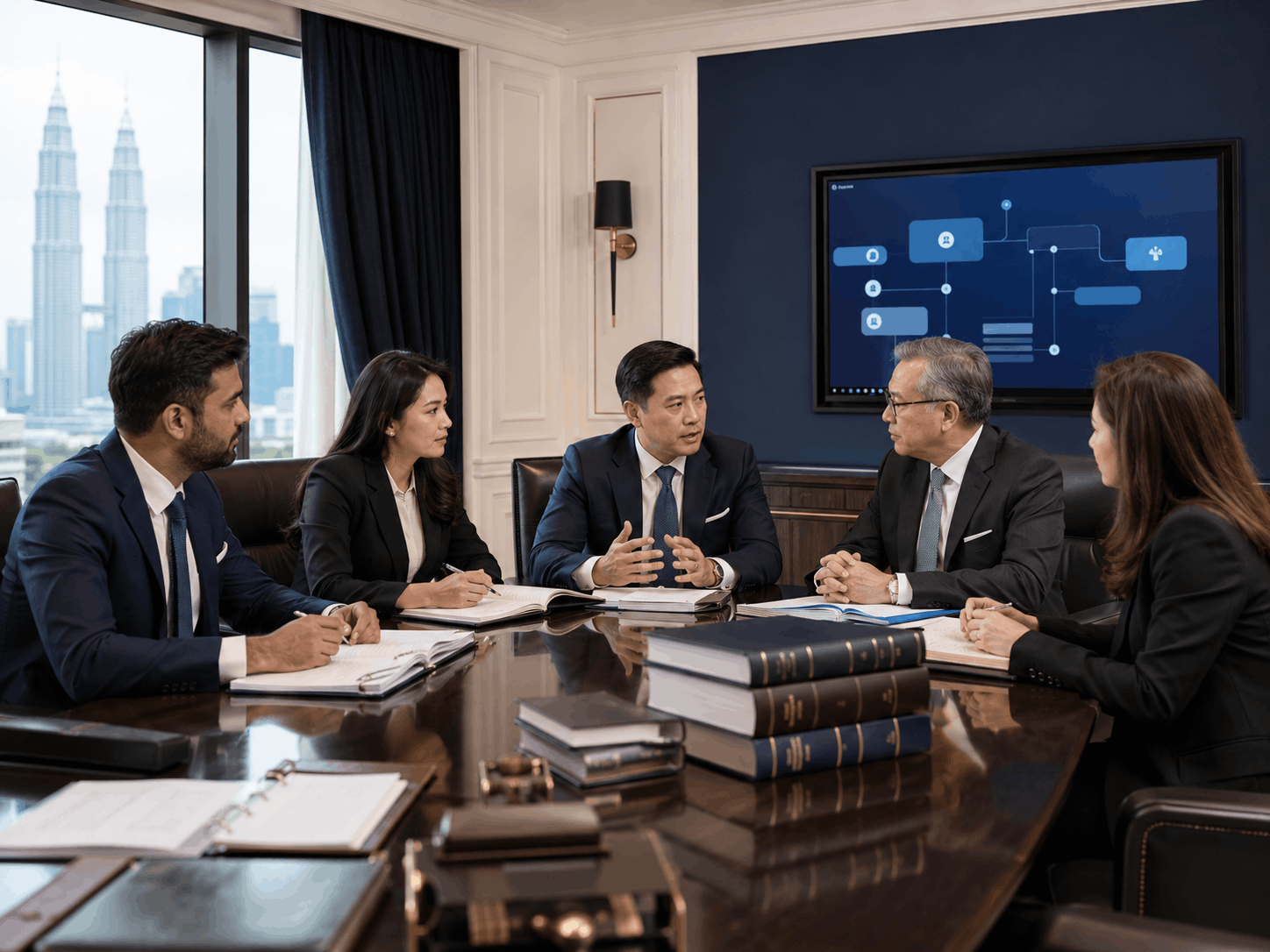 Legal team discussing strategy with a client in a conference room
